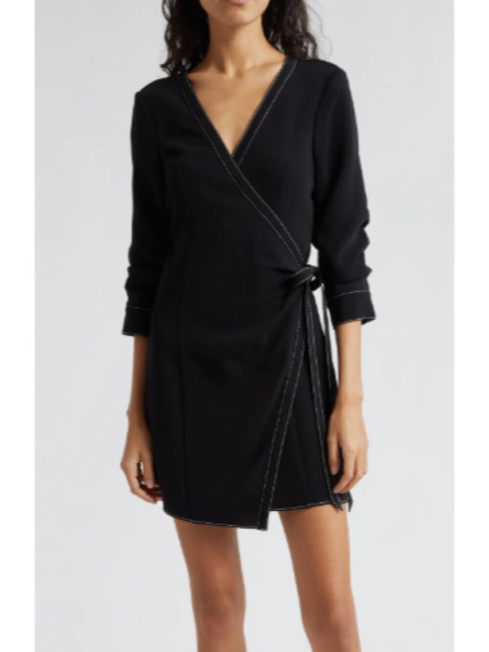 Cinq a Sept Chelsea Topstitch Wrap Mini Dress Womens 0 Black 3/4 Sleeve